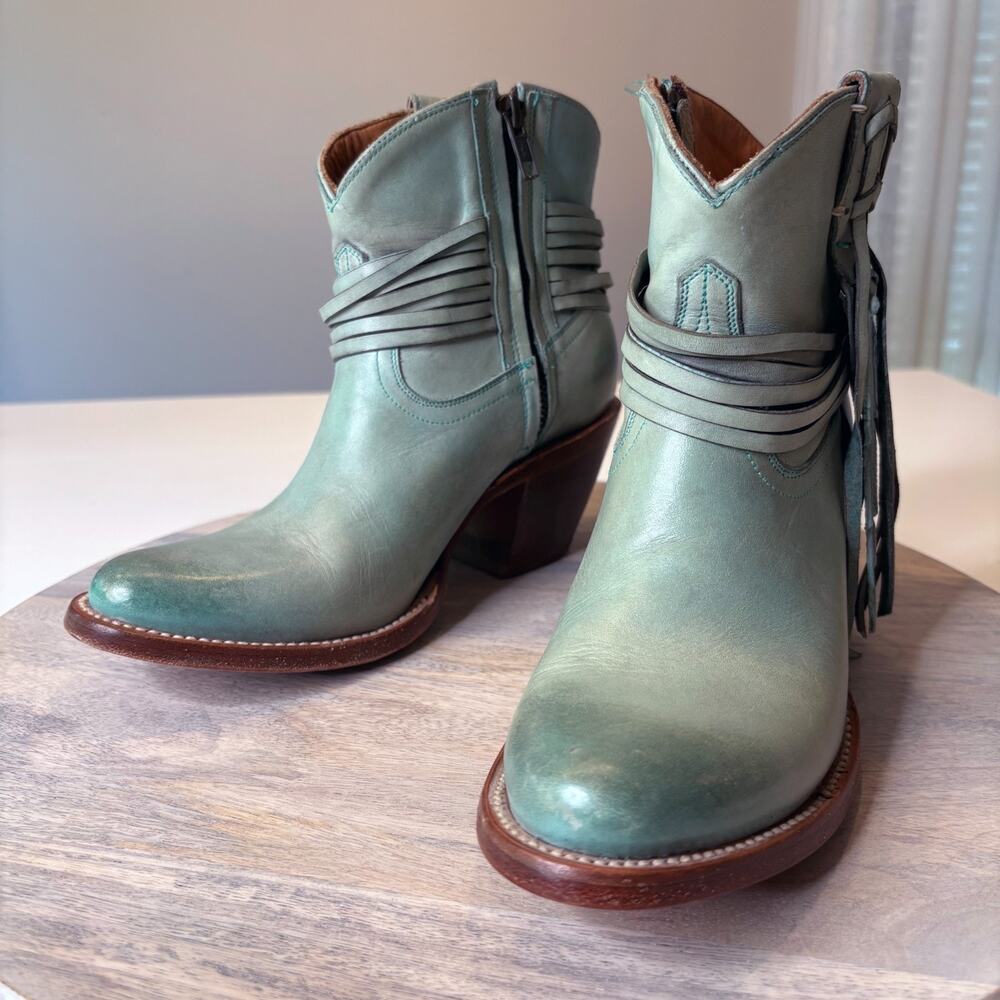 Lucchese Bootmaker Women’s Green Leather Ankle Boots Feather Tassel Size 6.5 B